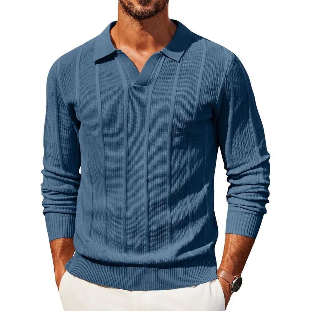 Men's Knit Long Sleeve Polo Sweaters Polo Collared Sweater V-Neck Dark Blue